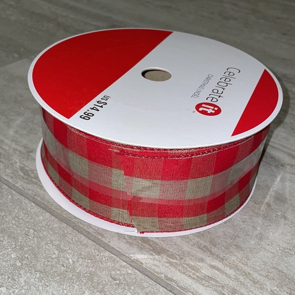 Celebrate it Tan And Red Buffalo Check Christmas Wired Ribbon - Picture 1 of 10